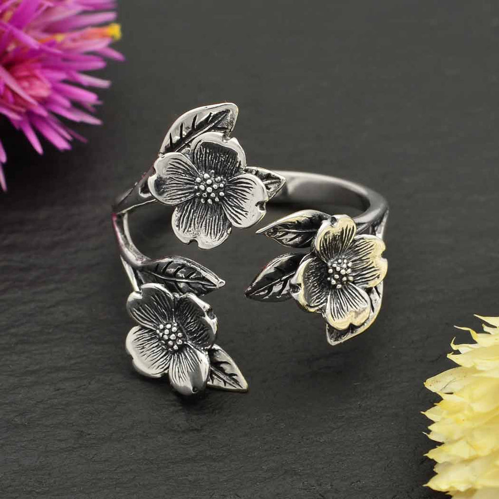 Adjustable Dogwood Flower and Leaf Ring: Sterling Silver Om Gallery