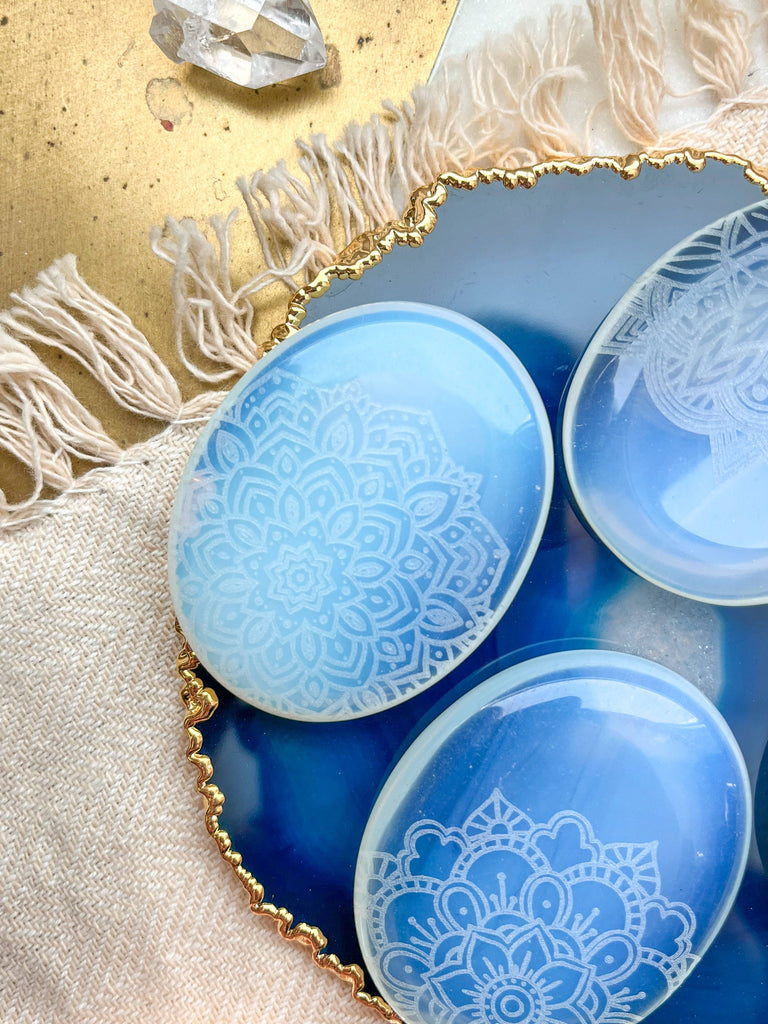 Etched Opalite Crystal Worry Stone - Assorted Mandalas