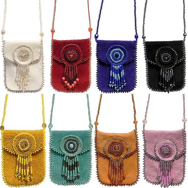 Suede Beaded Seed Bead Fringe Medicine Pouch Necklace Bag