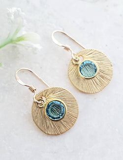 Matte Gold Brushed Crystal Reflections Earring - Aqua