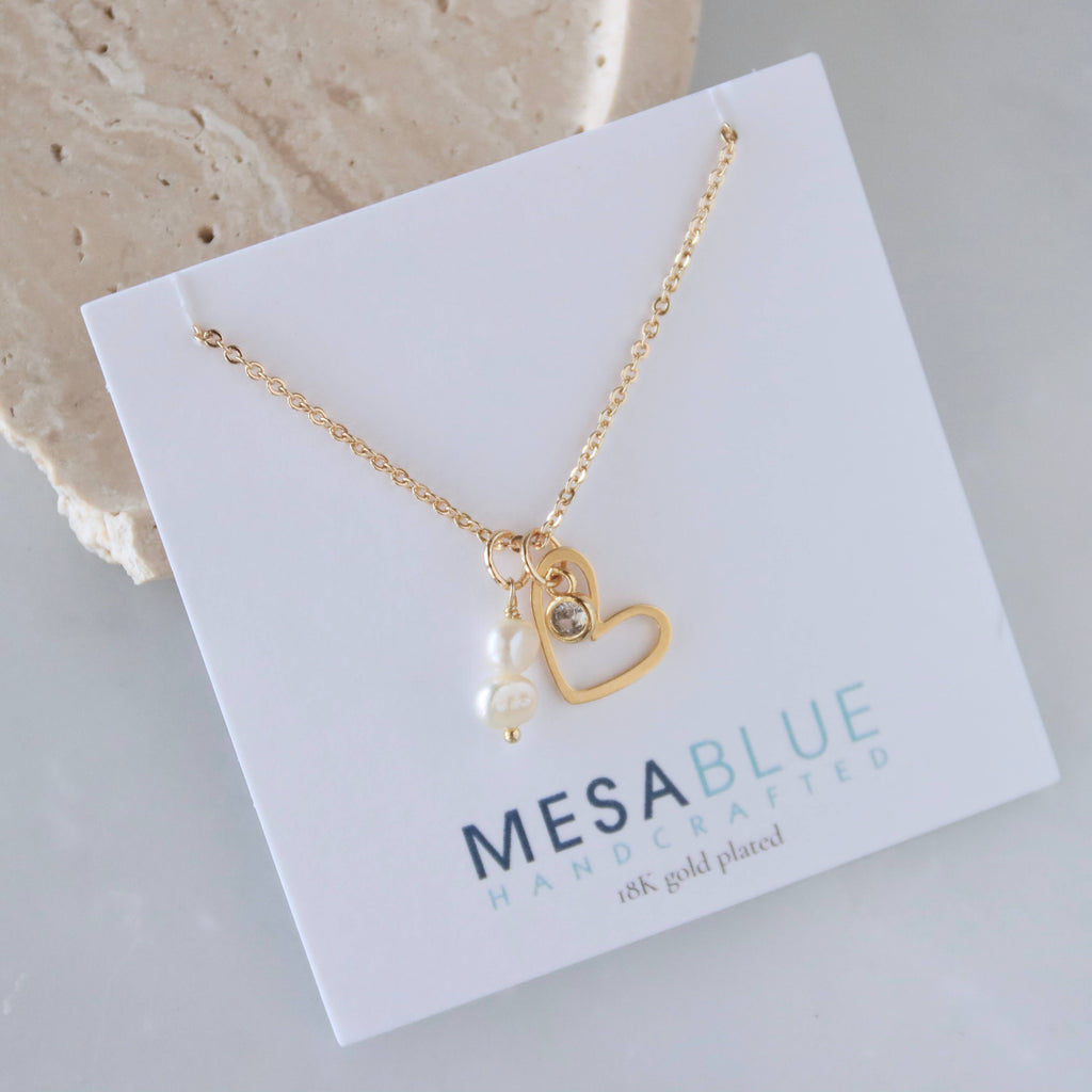 CZ, Pearl, Open Heart,  Necklace 
