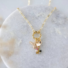 Tourmaline Flower CZ Queen Bee Charm Necklace  