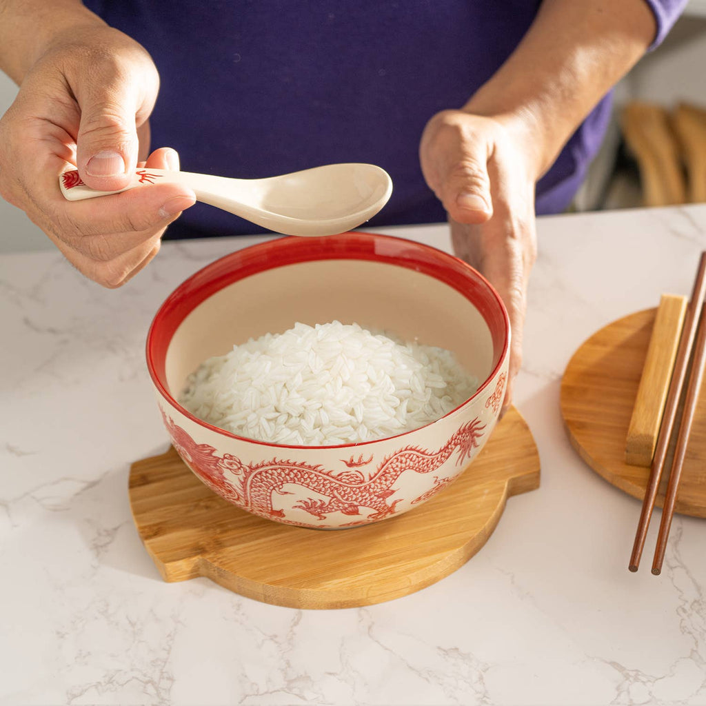 Red Dragon Bowl w/ Chopsticks, Spoon, Lid and Trivet Set