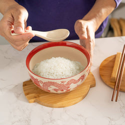 Red Dragon Bowl w/ Chopsticks, Spoon, Lid and Trivet Set