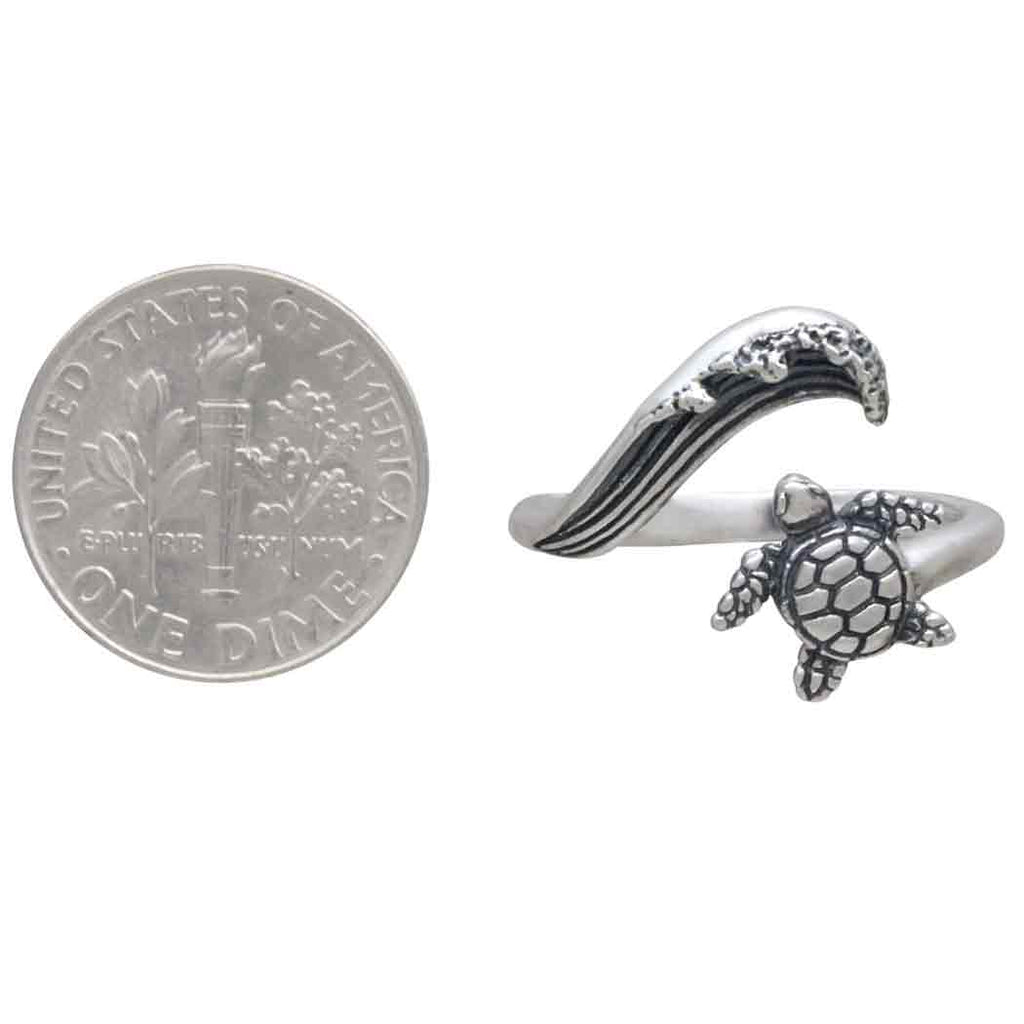 Sterling Silver or Bronze Sea Turtle & Wave Adjustable Ring: Sterling Silver