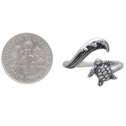 Sterling Silver or Bronze Sea Turtle & Wave Adjustable Ring: Sterling Silver