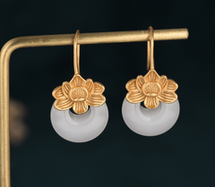 Big Golden Lotus over Jade Stud Earrings