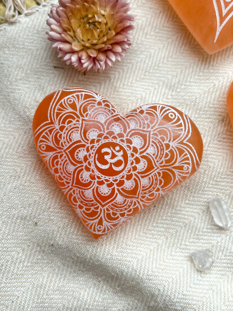 Engraved Peach Selenite Heart Crystal Valentine's Day: Small (~2