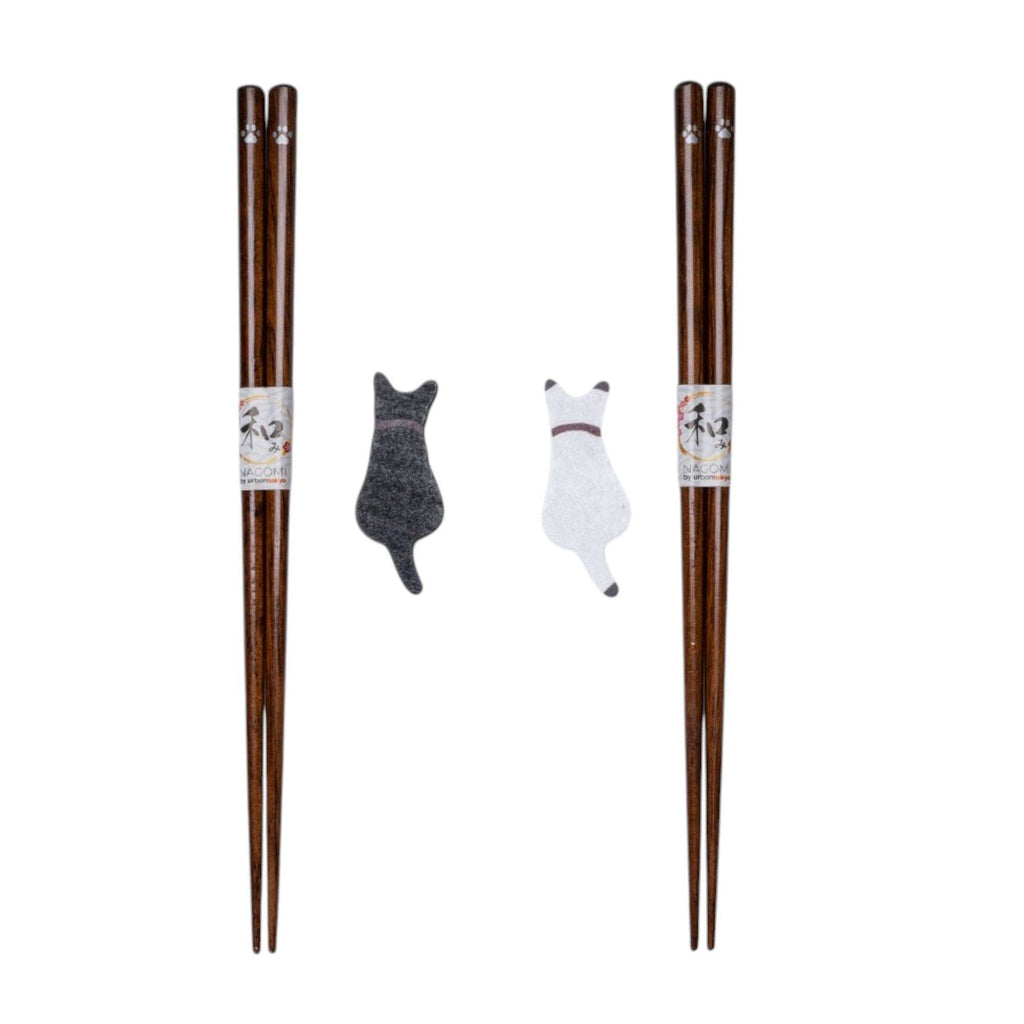 Black White Cat 2 Pair Wooden Chopsticks and Chopsticks Rests Gift Set (1/80)