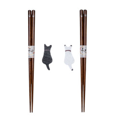 Black White Cat 2 Pair Wooden Chopsticks and Chopsticks Rests Gift Set (1/80)