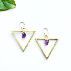 Brass Centered Organic Stone Earring: Amethyst