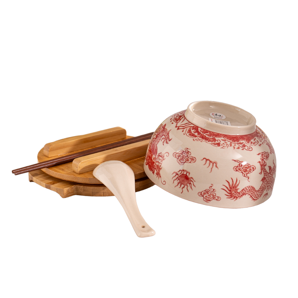 Red Dragon Bowl w/ Chopsticks, Spoon, Lid and Trivet Set