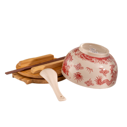 Red Dragon Bowl w/ Chopsticks, Spoon, Lid and Trivet Set