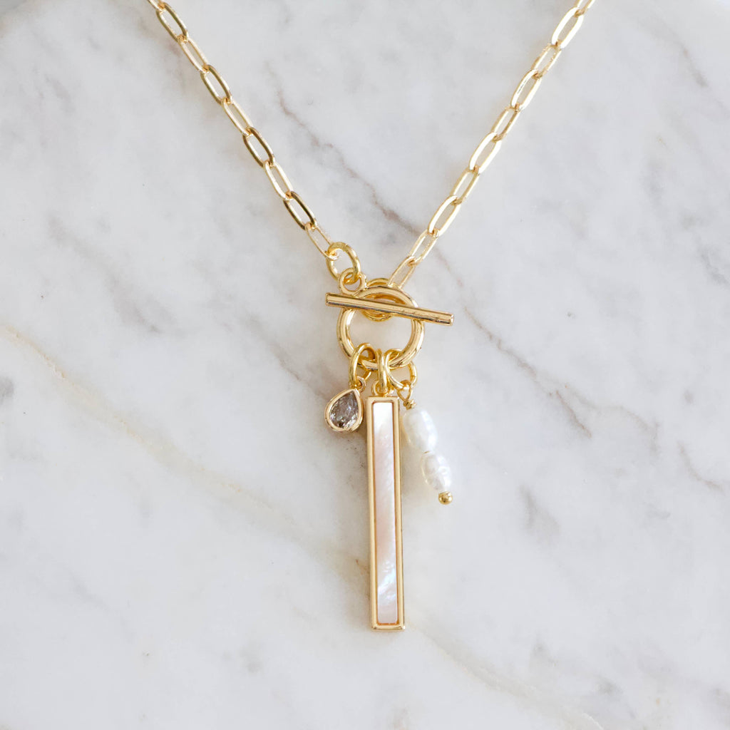 CZ, Mother of Pearl, Freshwater Pearl,Charm Toggle Necklace 