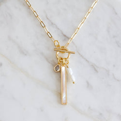 CZ, Mother of Pearl, Freshwater Pearl,Charm Toggle Necklace 