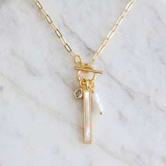 CZ, Mother of Pearl, Freshwater Pearl,Charm Toggle Necklace 