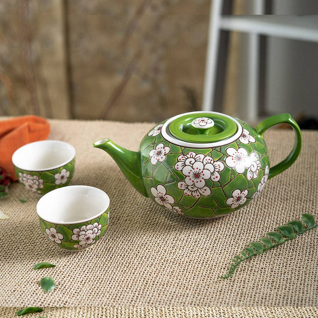 Ume Plum Blossoms Green Tea Set 26oz Tea Pot with 2 Cups (1/8)