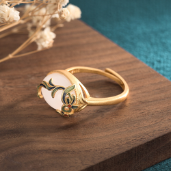 Enamel Leaves Over Jade Open Ring