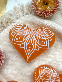 Engraved Peach Selenite Heart Crystal Valentine's Day: Small (~2