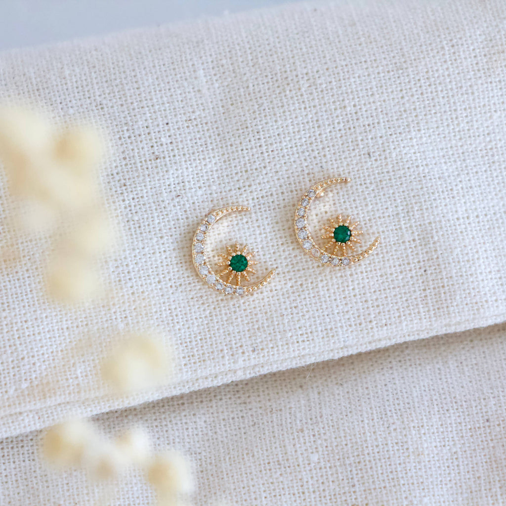 Emerald Green Moon and Star Stud Earrings