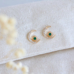 Emerald Green Moon and Star Stud Earrings