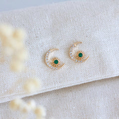 Emerald Green Moon and Star Stud Earrings