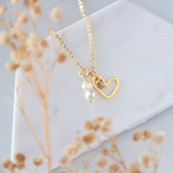CZ, Pearl, Open Heart,  Necklace 