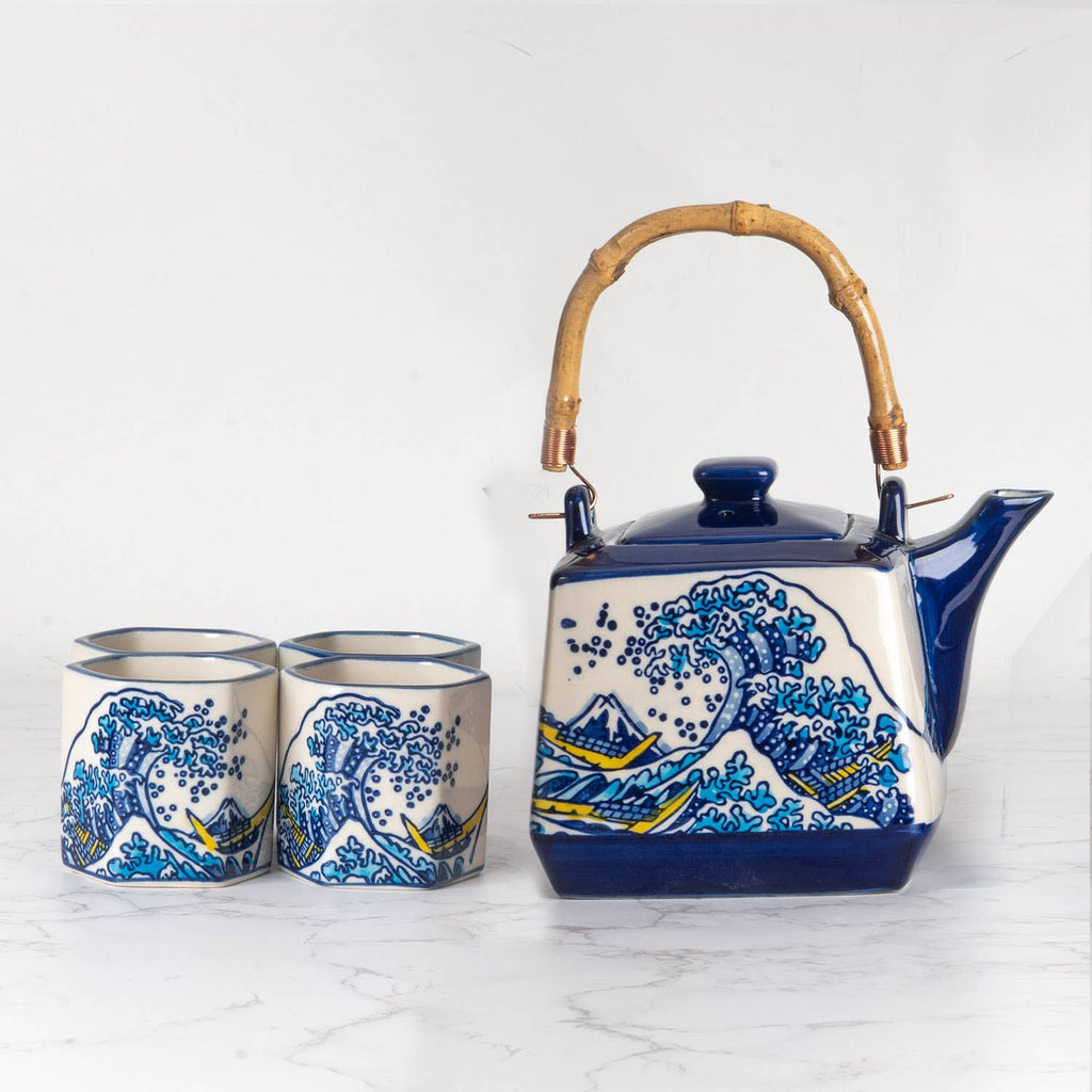 Great Wave Tea Set 20oz Tea Pot with 4 Hexagon Cups (4/8)