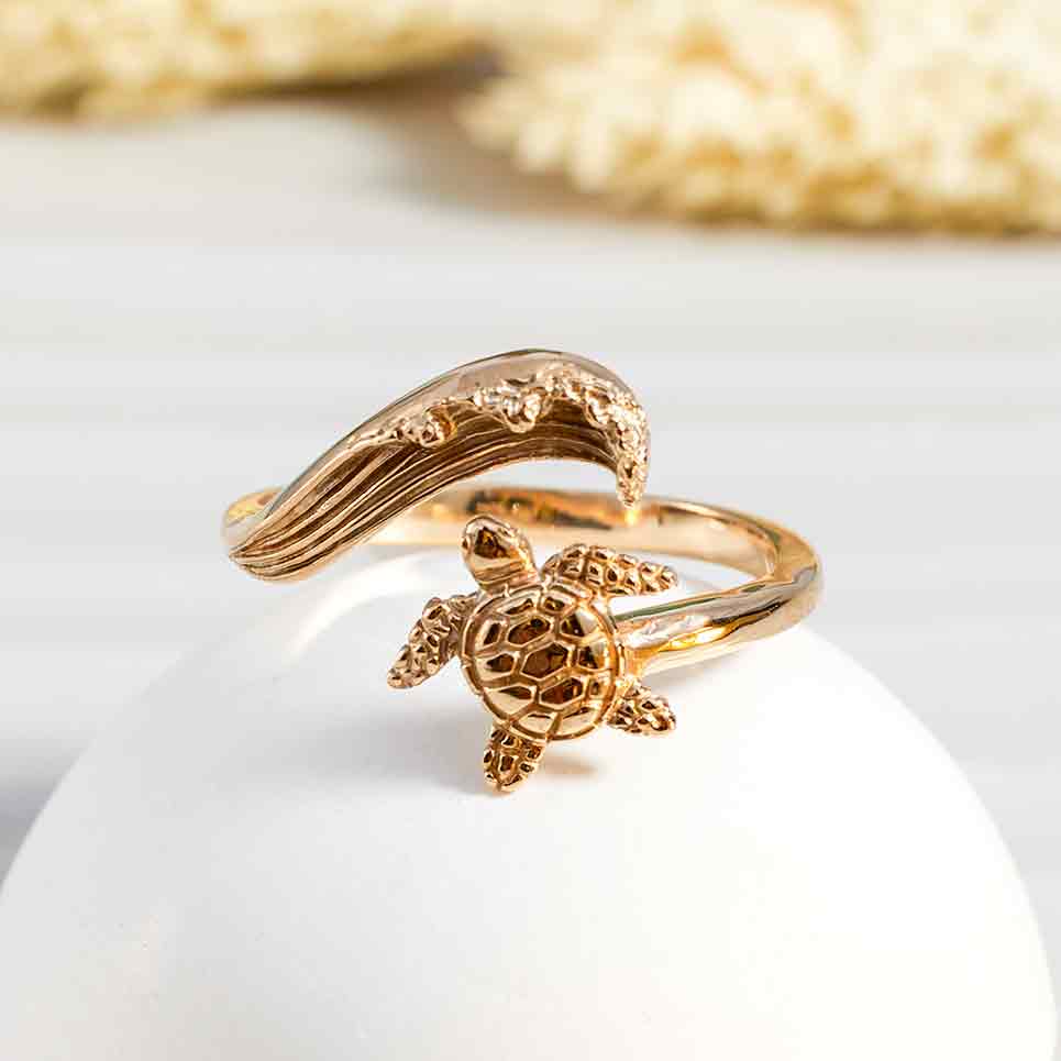 Sterling Silver or Bronze Sea Turtle & Wave Adjustable Ring: Bronze