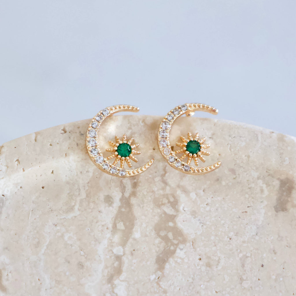 Emerald Green Moon and Star Stud Earrings