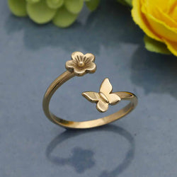 Butterfly and Flower Adjustable Ring: Recycled Sterling Silver