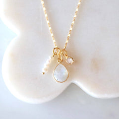 CZ, Moonstone, Freshwater Pearl, Charm Toggle Necklace