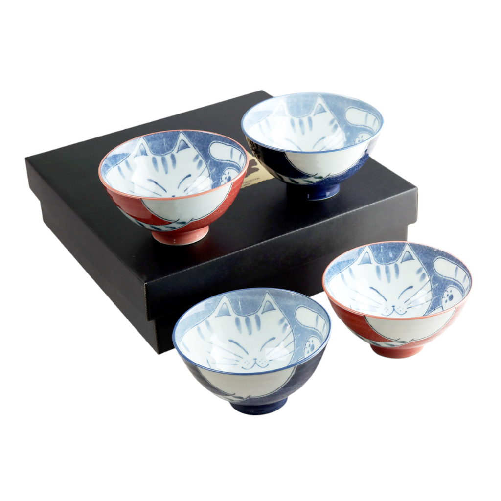 4 Piece Rice Bowl Gift Set Smiley Neko Cats JP (1/12)