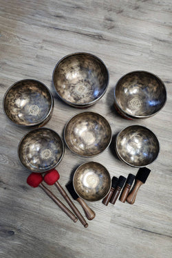 Set of 7 Singing Bowls Chakras Tone Tuned: Brown