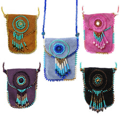 Suede Beaded Seed Bead Fringe Medicine Pouch Necklace Bag