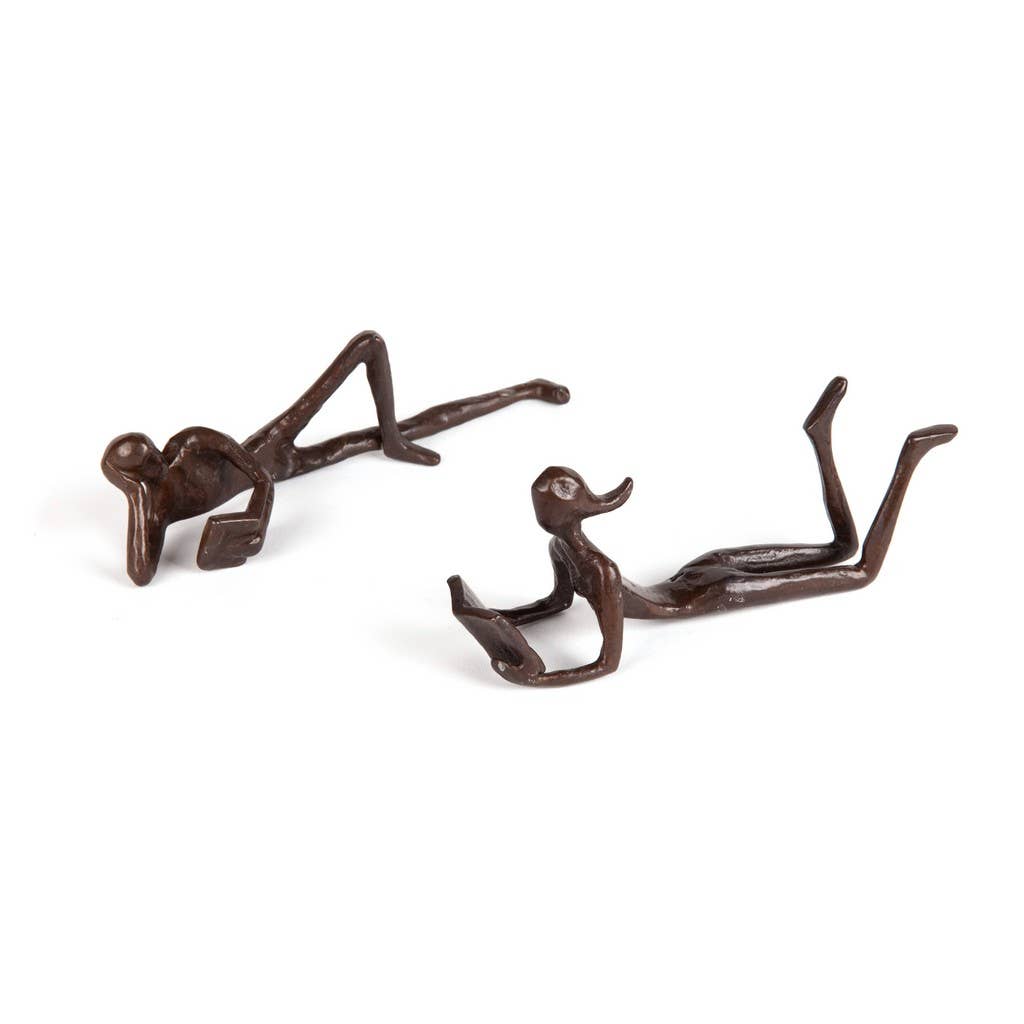 Man and Woman Leisurely Reading a Book Bronze Sculptures