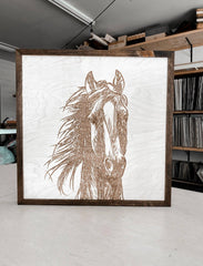 Hand Sketched Horse Wooden Artwork: White Wash / Dark-Walnut / 20x20