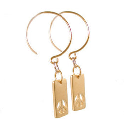 Rectangular Gold Peace Sign Dangle Earrings on Hoops in Gold Vermeil