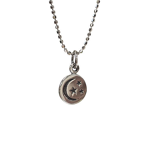 Tiny Crescent Moon and Stars Disk on Rhodium Plated Sterling Silver 16