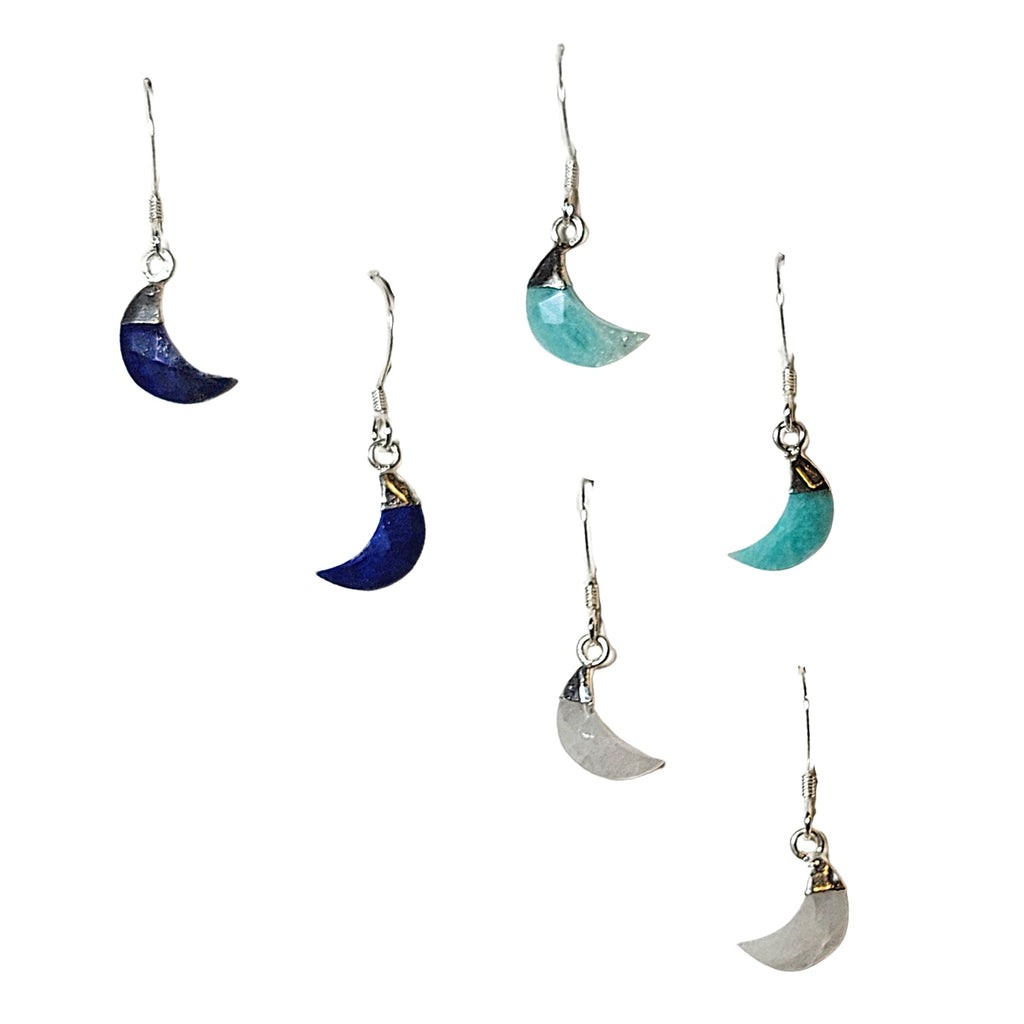 Small Crescent Moon Gemstone Earrings in Sterling Silver, Stone Choice