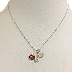 OM (Aum), Garnet Briolette Gemstone and BREATHE Charm Necklace on an 18