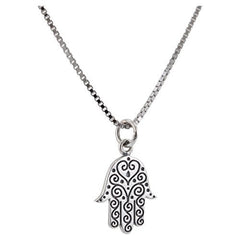 Hamsa Hand Necklace in Sterling Silver on a Rhodium Plated Box Chain