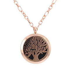 Aromatherapy Tree Necklace, Round Essential Oil Diffuser Locket in Rose Colored Stainless Steel, 29 Inch Chain