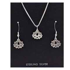 New! Petite Open Lotus Necklace and Earrings Gift Set in Sterling Silver, #9001