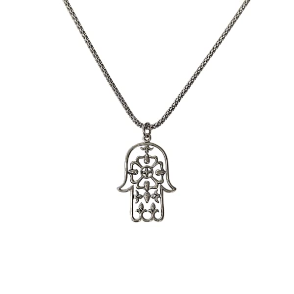 Filigree Design Hamsa Hand Sterling Silver Necklace on Popcorn Chain 20