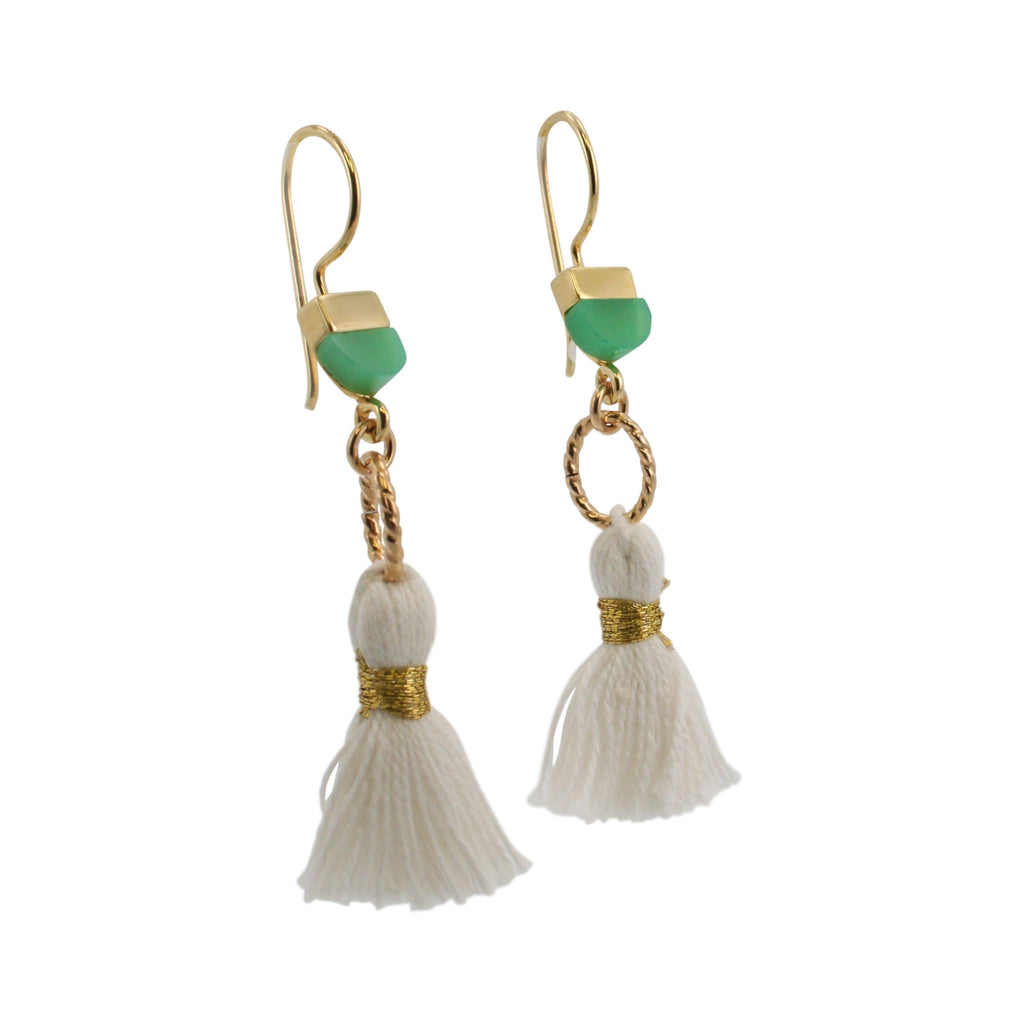 Gold Chrysoprase and Tassel Dangle Earrings