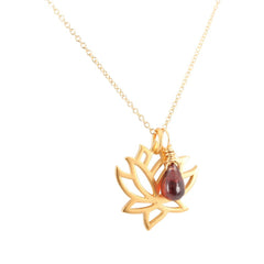 24kt Gold Plated Bronze Lotus Necklace with Garnet Briolette