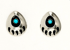 Medium Navajo Handcrafted Bear Paw Post Earrings in Turquoise & Sterling Silver