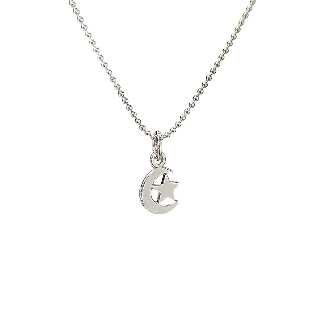 Tiny Crescent Moon and Stars Necklace in Sterling Silver 16