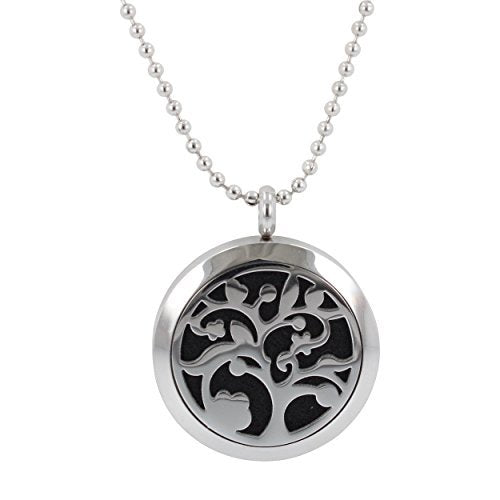 Aromatherapy Tree Necklace, Round Essential Oil Diffuser Locket in Stainless Steel, 32 Inch Chain